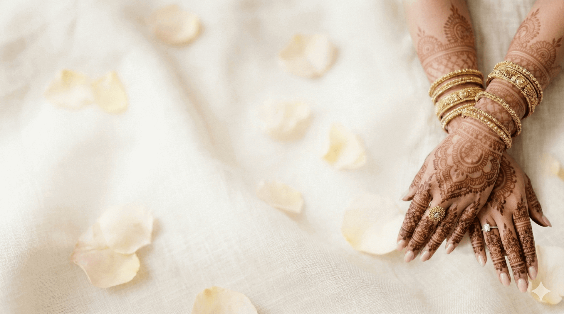 Bridal henna art with gold bangles and rose petals